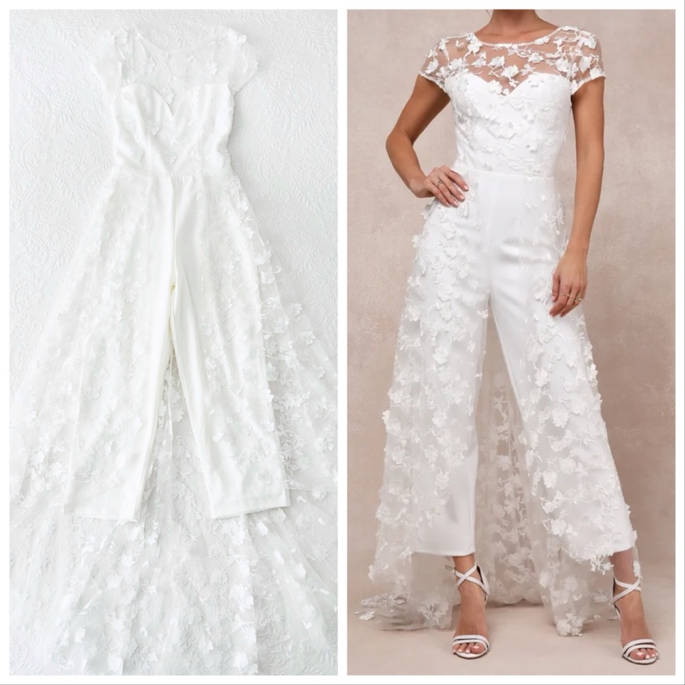 NWOT Lulus Sophisticated Passion White Floral Embroidered Overlay Jumpsuit